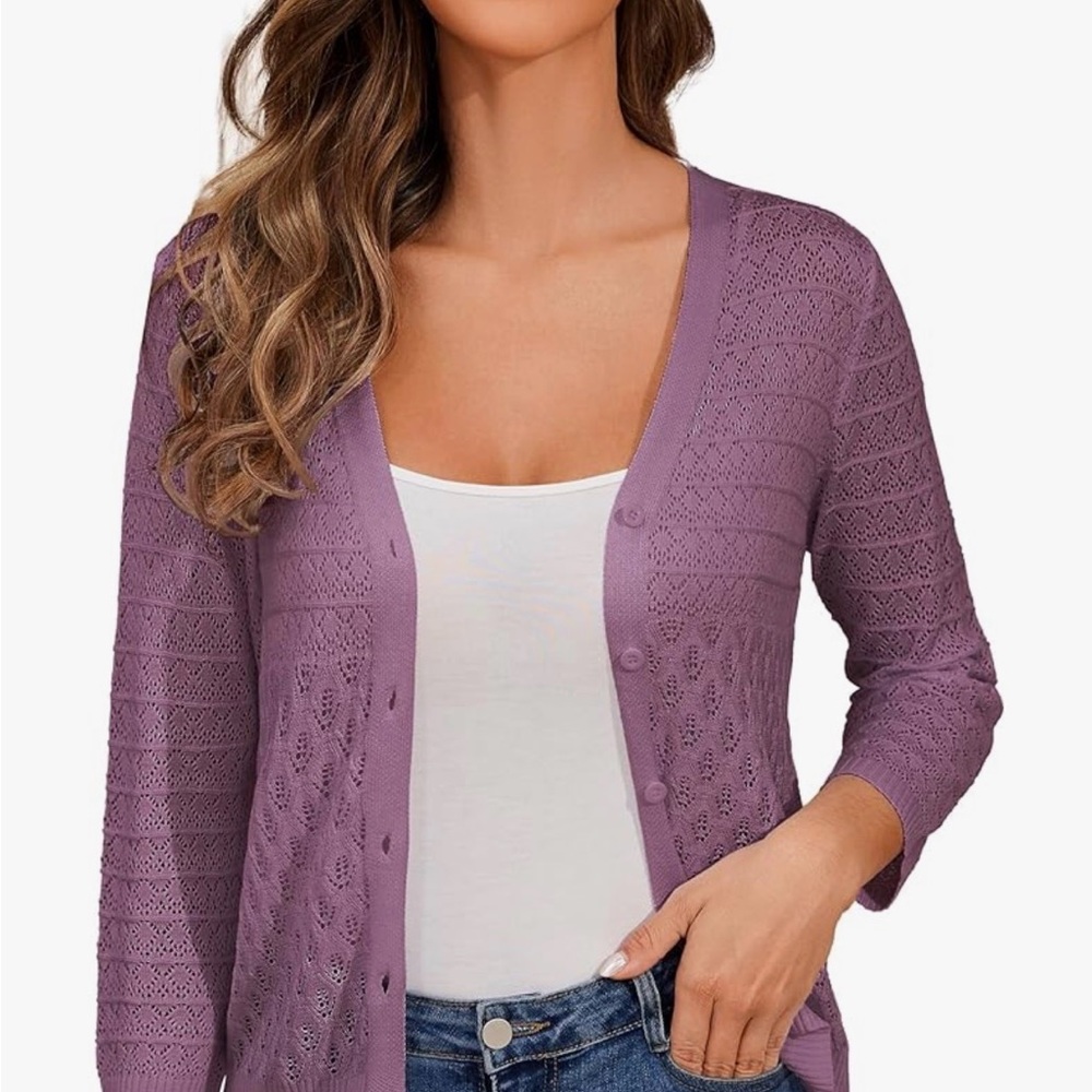 NWT Lavender Crochet Cardigan 3/4 Sleeve Sweater Size XXL